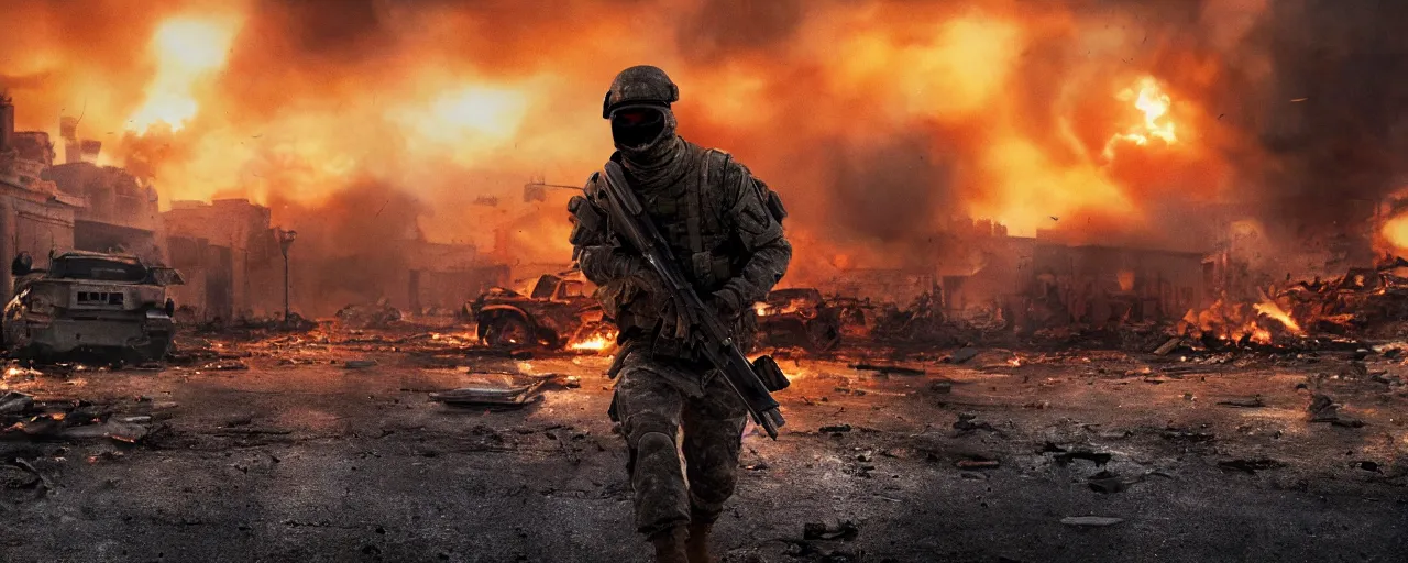 Prompt: a soldier wearing a balaclava running toward the camera with a rifle with a massive fiery explosion behind him with debris and damaged vehicles and buildings everywhere , cinematic framing, cinematic lighting, hdr, gritty, movie still, 4k, in the style of the movie lone survivor
