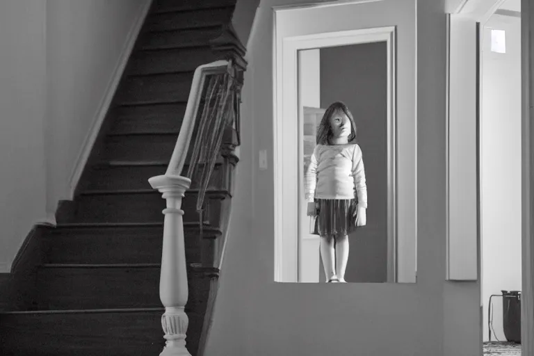 Prompt: a girl standing at the top of stairs in a house, looking at the ghost of a man at the bottom