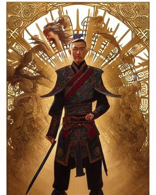 Image similar to suit up man and chinese ancient warrior back to back, decorated with opera motifs, intricate, elegant, highly detailed, smooth, sharp focus, illustration, art by artgerm and greg rutkowski and alphonse mucha, 8 k