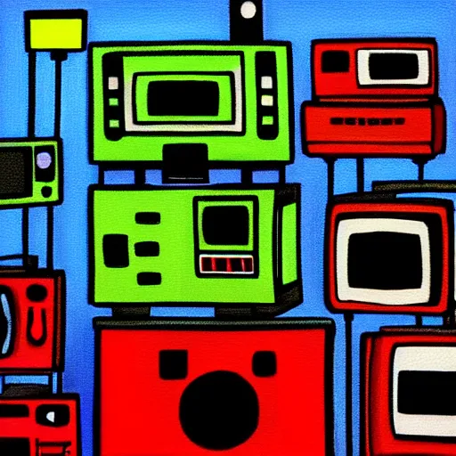 Image similar to fuzzy, furry, array of crt televisions, tv static, antenna, stacked, polaroid, steroids, adult video store, impressionist painting, painting, acrylic painting, cell shaded