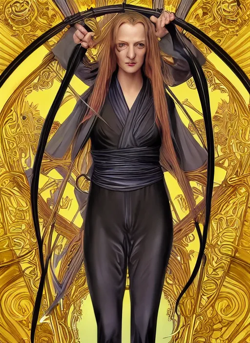 Image similar to uma thurman in kill bill, rococo and art nouveau fusion, iridescent diaphanous refractive and reflective katana, yelliw jumpsuit, highly detailed, deep focus, elegant, digital painting, smooth, sharp focus, illustration, ultra realistic, 8 k, art by artgerm and alphonse mucha