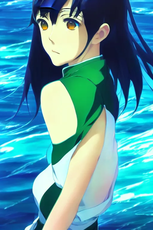 Image similar to makoto shinkai, artgerm, ilya kuvshinov, beautiful anime women with green dress, long blue hair, water powers water swirling, symmetrical face, symmetrical eyes, detailed, beach setting, cinematic lighting