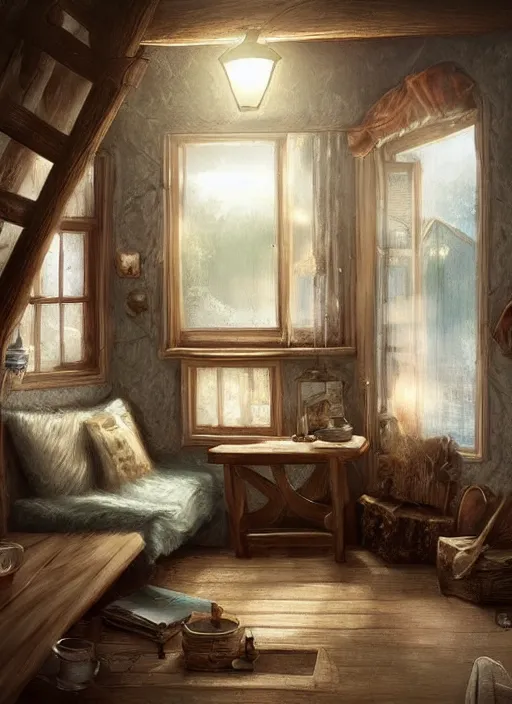 Prompt: beautiful interior of a cozy cottage, trending on artstation