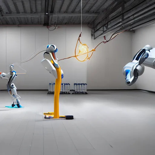 Image similar to three large white glossy kuka industrial robot arms in a gym swinging a jump rope for children, global illumination, artstation, fantasy