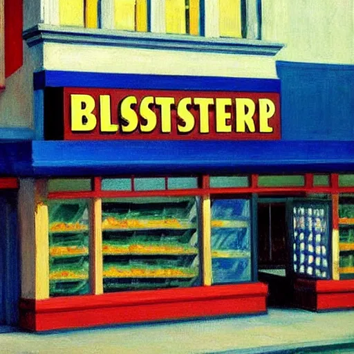 Prompt: painting of a blockbuster movie rental store by edward hopper