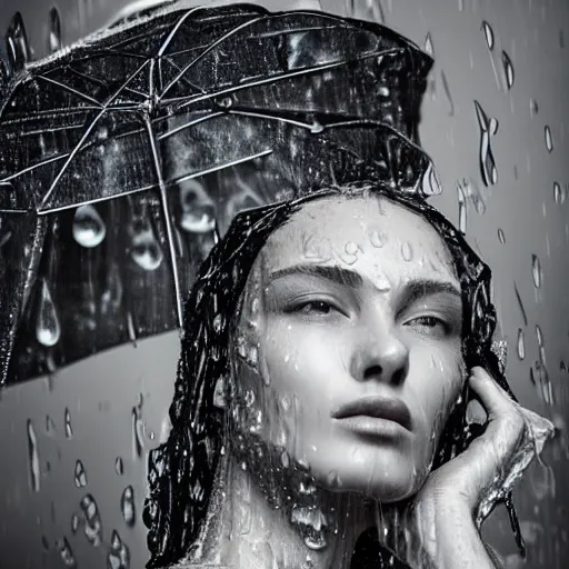 Image similar to close up of face of a wet fashion model in luxury dress and umbrelly, heavy rain, dramatic lighting, official dior editorial, highly detailed