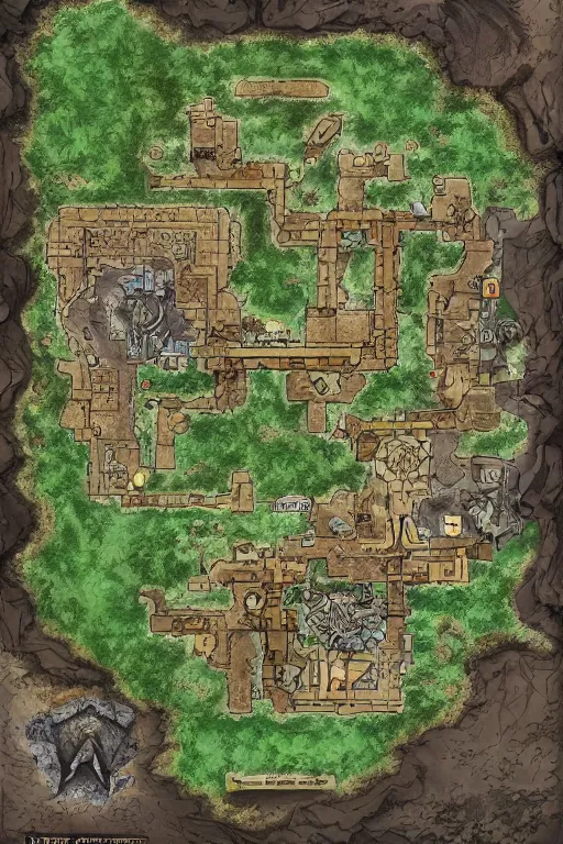 Prompt: a D&D tabletop game dungeon map with rooms, barracks, halls, with connecting caverns where at the end an ominous waterfall and pool reside, high quality, hd, WOTC, Roll20, Wonderdraft, Inkarnate