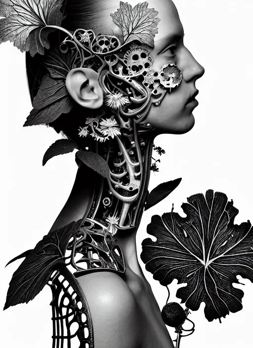 Prompt: monochrome profile portrait painting, dutch masters, silver lace floral steampunk biomechanical beautiful one techno eye young female cyborg, big monocular, volumetric light, leaves foliage and stems, hibiscus flowers, alexander mcqueen, rim light, big gothic fashion pearl embroidered collar, 8 k