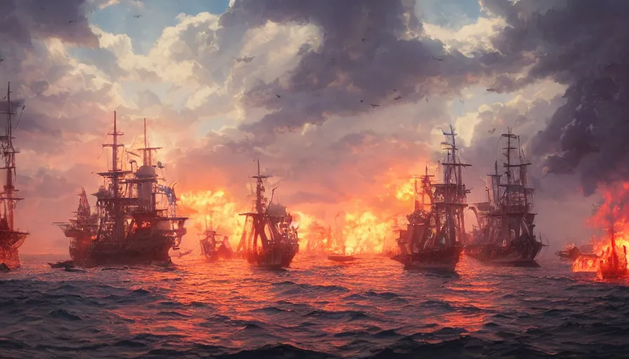 Prompt: A highly detailed matte painting of huge pirate ship battle with fire, smokes and explosions by Studio Ghibli, Makoto Shinkai, by Artgerm, by WLOP, by Greg Rutkowski, volumetric lighting, octane render, 4K resolution, trending on artstation, masterpiece