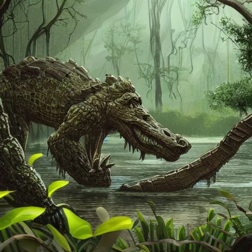 Image similar to A photograph of a giant monster lurking in the swamp, crocodile, mangrove swamp, murky water, vines, gorilla, trending on artstation