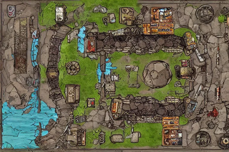 Prompt: dungeons and dragons battle map. old scrapyard. lots of junk and debris. high definition illustration. top down battle map.