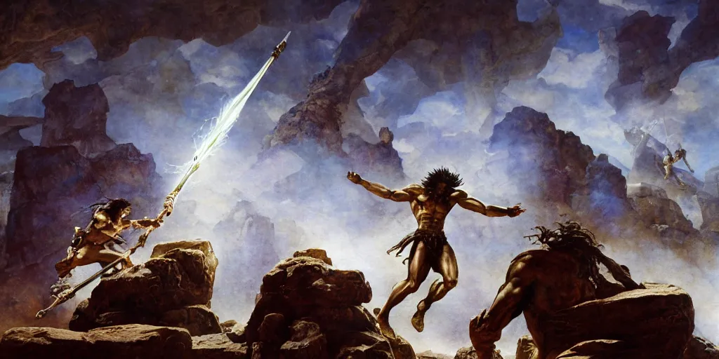 Prompt: realistic mixed media painting of biblical Cain throwing the holy lance at Abel in front of a stone altar with white smoke ascending, masculine and rugged, inspired art by P. Craig Russell and Barry Windsor-Smith and Frazetta + perfect facial symmetry + dim volumetric lighting, 8k octane beautifully detailed render, post-processing, extremely hyperdetailed, intricate, epic composition, grim yet sparkling atmosphere, cinematic lighting + masterpiece, trending on artstation, very detailed, masterpiece, stunning