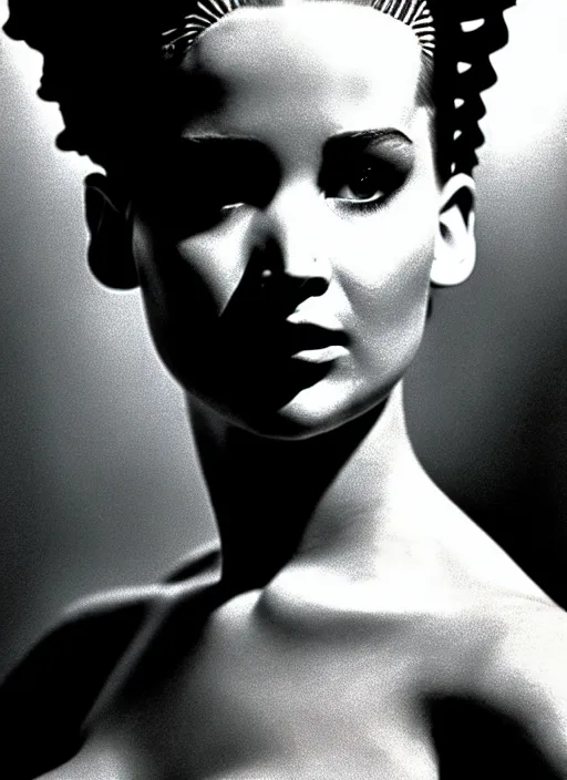 Image similar to award winning fashion photography portrait of jennifer lawrence as the bride of frankenstein, very pretty eyes, face in focus, soft lighting, volumetric shadows, 8 k photography, 1 9 9 0's