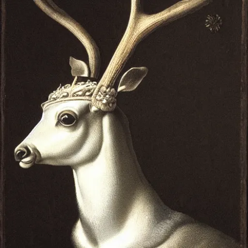 Prompt: renaissance style portrait of an european fallow deer wearing a crown and a cape, dark background