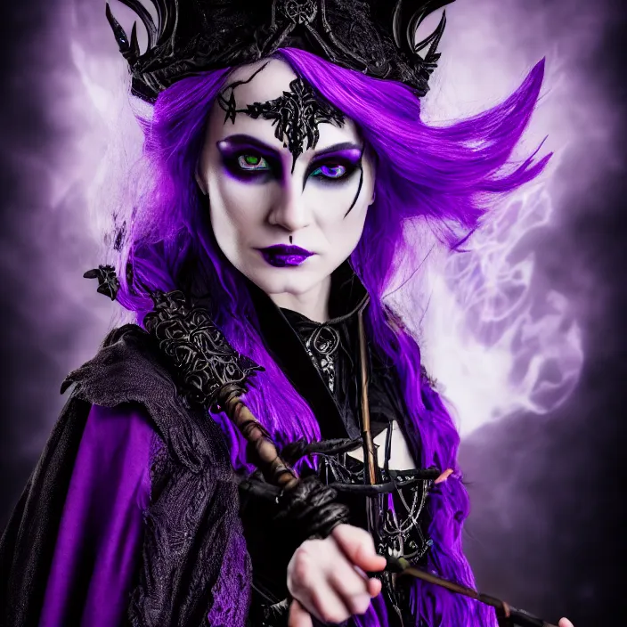 Image similar to professional photograph of a real - life beautiful elemental dark witch with ornate purple and black robes and staff. extremely detailed. 8 k