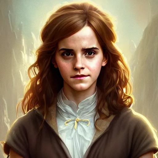 Image similar to Emma Watson as Hermione Granger. Happy. Cheerful. Western. Closeup. Fantasy. Intricate Elegant. Highly detailed. Digital painting. Artstation. Concept art. Matte. Sharp focus. Illustration. Art by Artgerm and Greg Rutkowski and Alphonse Mucha