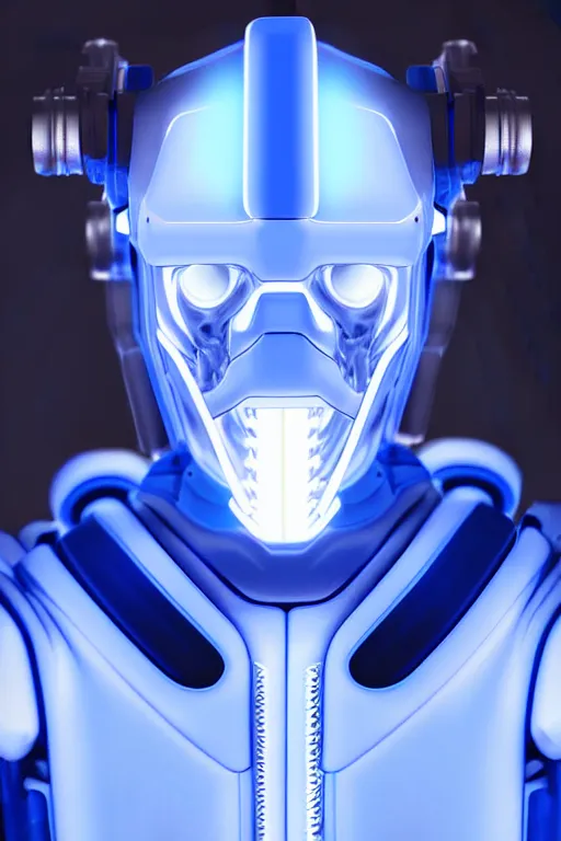 Image similar to hyperrealistic close-up blue glow exoskeleton!! chinese man covered highly detailed concept art eric zener elson peter cinematic side hard yellow light low angle hd 8k sharp shallow depth of field