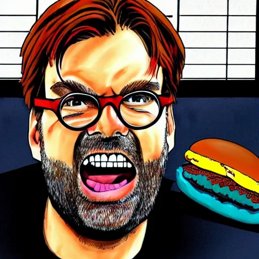 Prompt: jurgen klopp eating a hamburger, manga, anime