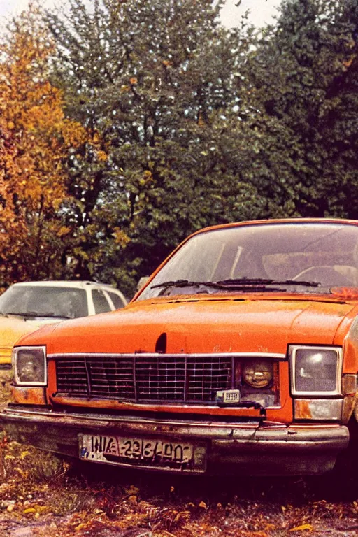 Image similar to a lomographic photo of old lada 2 1 0 7 standing in typical soviet yard in small town, autumn, cinestill, bokeh