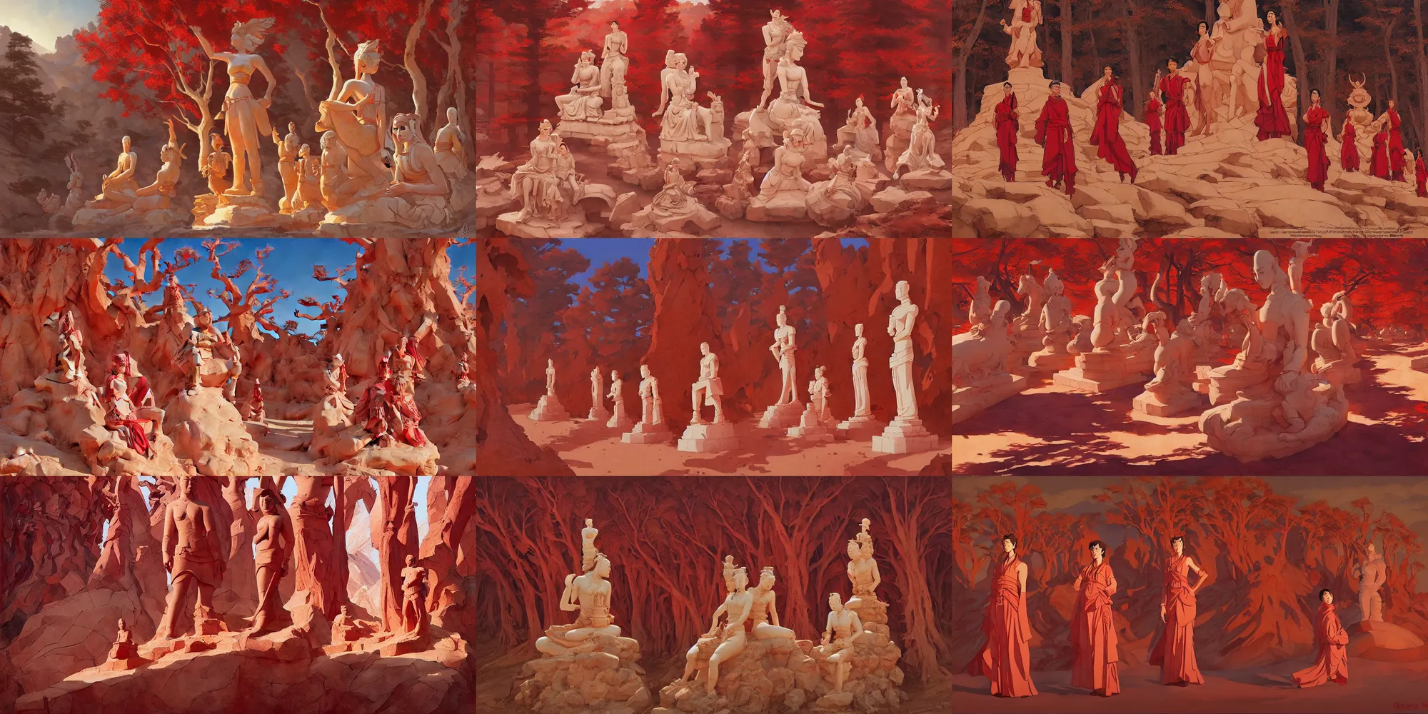 Prompt: mogao grottoes, statues in red forest, in the style of studio ghibli, j. c. leyendecker, greg rutkowski, artem