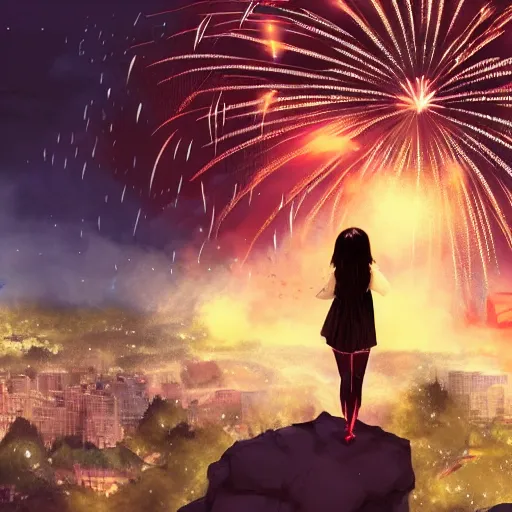 Image similar to girl watching watching fireworks on a hill, digital art, by ben weiner, richard estes, range murata, akiyuki shinbou, yoshitaka amano, wlop, highly detailed, realistic, cinematic, bold colours, dark sky, photorealism, 4 k, wide angle lens, trending on artstation, artgerm