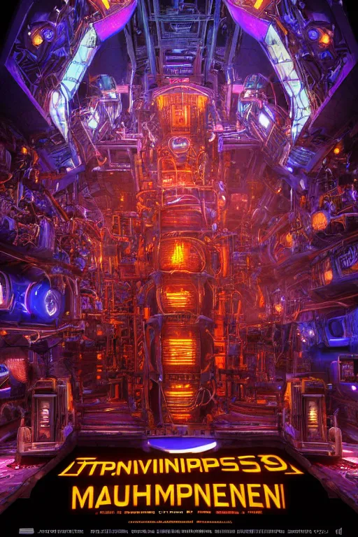 Image similar to a movie poster, tinvasion of the tripmachines, realistic digital art, 3 d render of a huge futuristic steampunk machine generator inside a steampunk machinery, 8 k, fluorescent colors, halluzinogenic, multicolored, exaggerated detailed, unreal engine