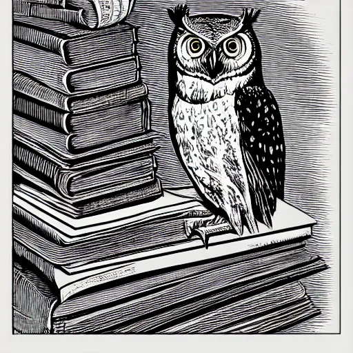 Prompt: an owl perched on a stack of books, art by james o barr and albrecht durer, woodblock print, black and white, vector