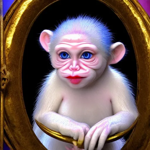 Image similar to magical scene. the sweet old very fat baby white monkey, red lips, blue eyes, is in love with her fancy beautiful colorful white fish. close up. clear face. subsurface scattering shiny skin. cinematic scene. glossy. highly detailed, color harmony, art station, ornate, caravaggio style. 3 d, beautiful lighting, old photography