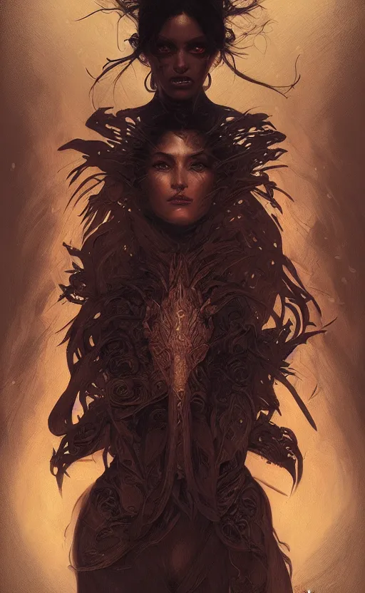 Prompt: portrait of a dark goddess, dark filaments, shadows, menacing, frightening, intricate, headshot, highly detailed, digital painting, artstation, concept art, sharp focus, cinematic lighting, illustration, art by artgerm and greg rutkowski, alphonse mucha, cgsociety