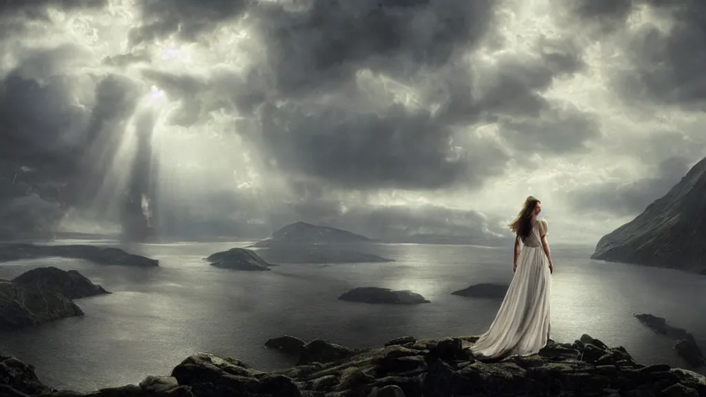 Prompt: queen, norway fjord, natalie portman back turned, hudson river school, max rive, stormy seas, white royal dress, f 1 6, bokeh, gentle, female, snowy, storm clouds, god rays, close up portrait, d & d, fantasy, elegant, low key color palette, concept art, roger deakins and greg rutkowski and alphonse mucha