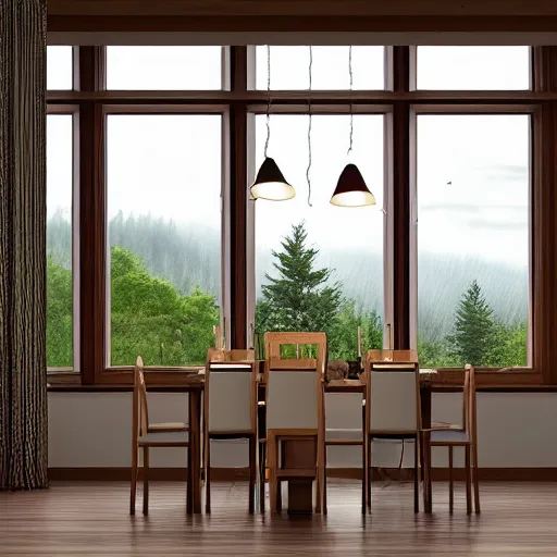 Prompt: photo of a beautiful wooden dining room with a window with a view of a rainy european forest outside,it's getting dark, beautful view,winning award photo,4k