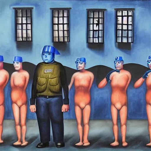 Prompt: by charles addams, by meredith marsone, by alice rahon blue man group, shikki kaleidoscopic, dreary. the body art of a police station in the lithuanian city of vilnius. in the foreground, a group of policemen are standing in front of the building, while in the background a busy street can be seen.