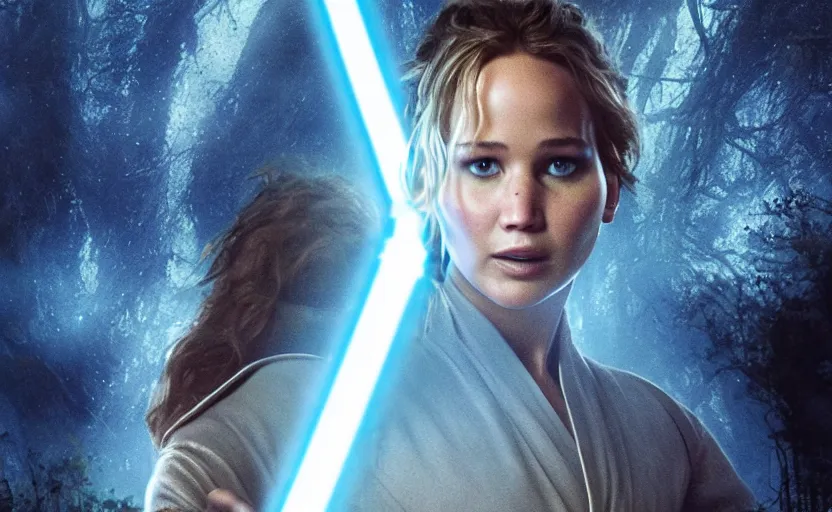 Image similar to jennifer lawrence as a jedi with a blue lightsaber in an ancient bioluminescent forest, new star wars movie poster from lucas arts, perfect symmetrical face, full moon, moody lighting, 8 k, shallow depth of field, intricate detail,