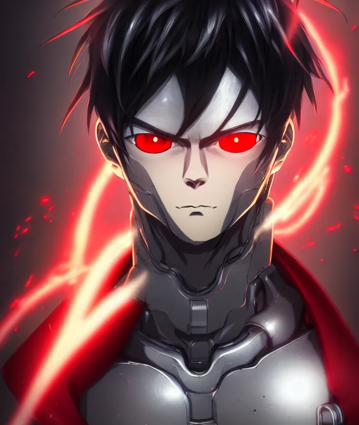 Image similar to a detailed manga character portrait of a dark haired silver cyborg anime man with a red mechanical eye wearing a tattered brown cape, trending on artstation, digital art, 4 k resolution, detailed, octane render, high quality, sharp focus, hq artwork, insane detail, concept art, character concept, character illustration, full body illustration, cinematic, dramatic lighting