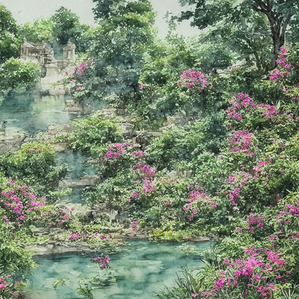 Image similar to isomeric view, delicate lake in a botanic garden, garden road, sparrows, temple in a botanical herbarium paper, watercolor colored painting, iridescent colors, 8 k, realistic shaded, fine details, artstation, italian style, colonnade, flowers, architecture, roma