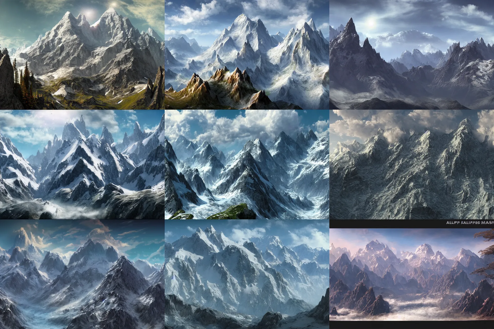 Prompt: alps fantasy mountains matte painting detailed cinematic frame at noon