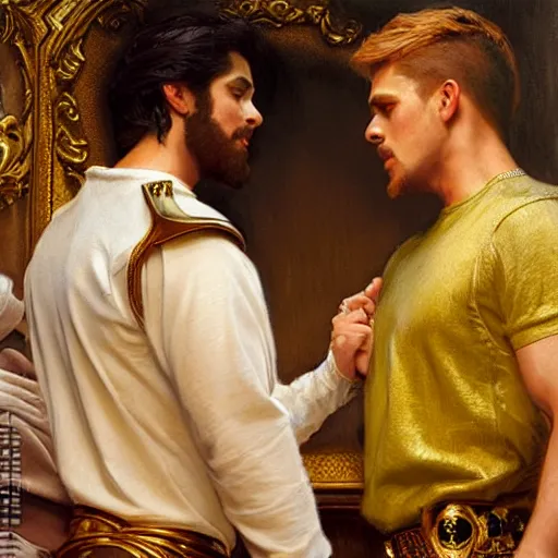 Image similar to attractive fully clothed king confesses his love for his attractive fully clothed male prince. highly detailed painting by gaston bussiere, craig mullins, j. c. leyendecker 8 k