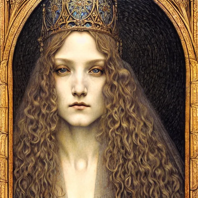 Image similar to detailed realistic beautiful young medieval queen face portrait by jean delville, gustave dore and marco mazzoni, art nouveau, symbolist, visionary, gothic, pre - raphaelite. horizontal symmetry