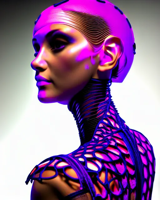 Image similar to 3 d front pose render, stunning beautiful young girl alluring biomech - cyberpunk model with a porcelain profile face, rim light, big neon circiuts and lines, borders, fine detail, lace, alexander mcqueen, art nouveau fashion embroidered collar, dieselpunk, neon filigree details, hexagonal mesh wire, ifs reflection, elegant, artstation trending