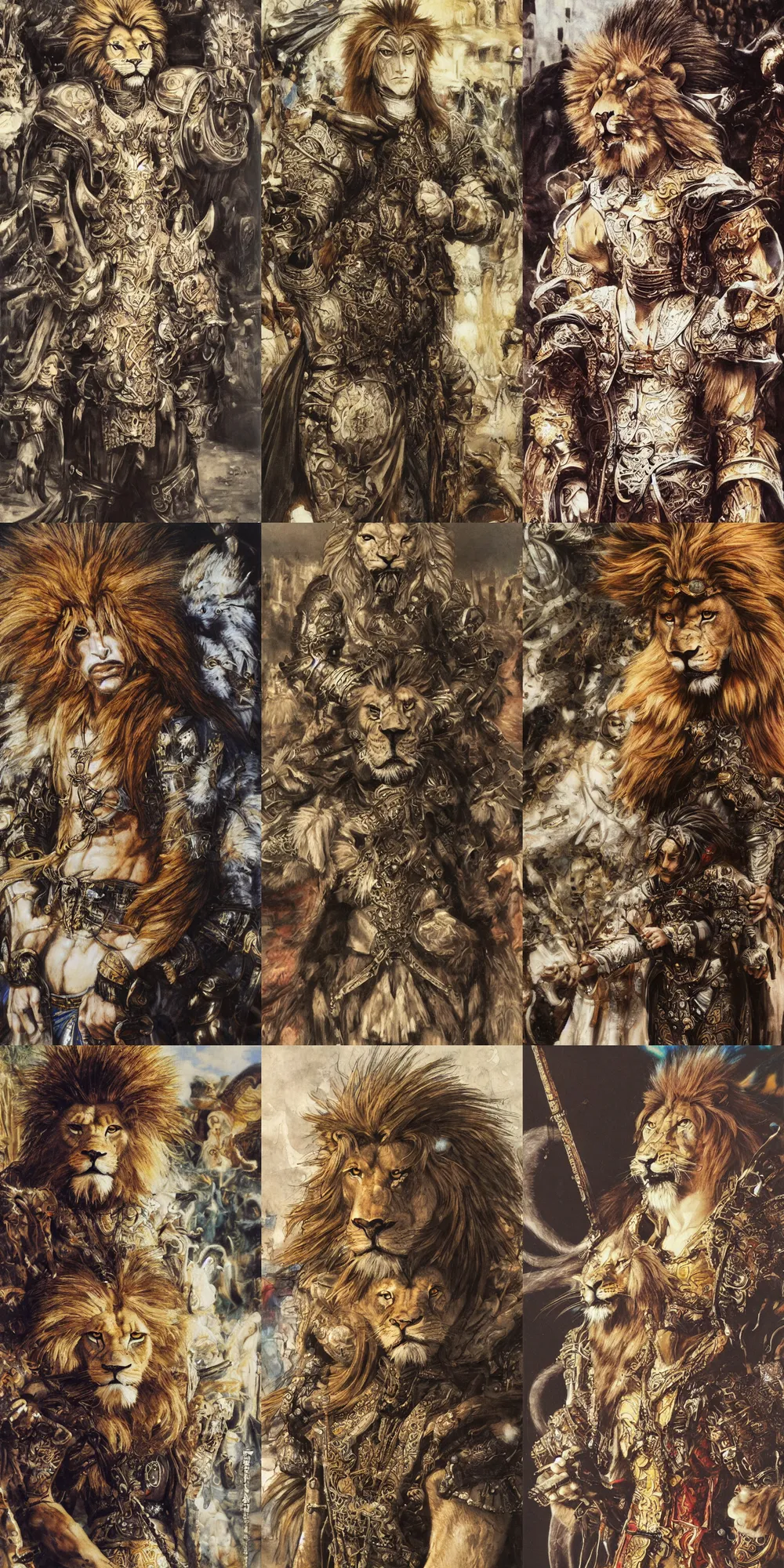 Image similar to 8 k yoshitaka amano painting of upper body of a young cool looking lion beastman with white mane at a medieval market at windy day. depth of field. he is wearing complex fantasy clothing. he has huge paws. renaissance style lighting.