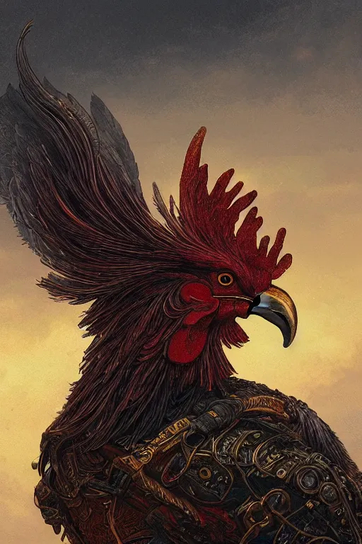 Prompt: a beautiful tarot card artwork of a rooster in armour, horror, backlit, gloomy sky, highly detailed, digital painting, intricate golden threads, by eddie mendoza and greg rutkowski and dan mumford and artgerm, vivid colors, detailed shading, 8 k resolution, intricate, smooth