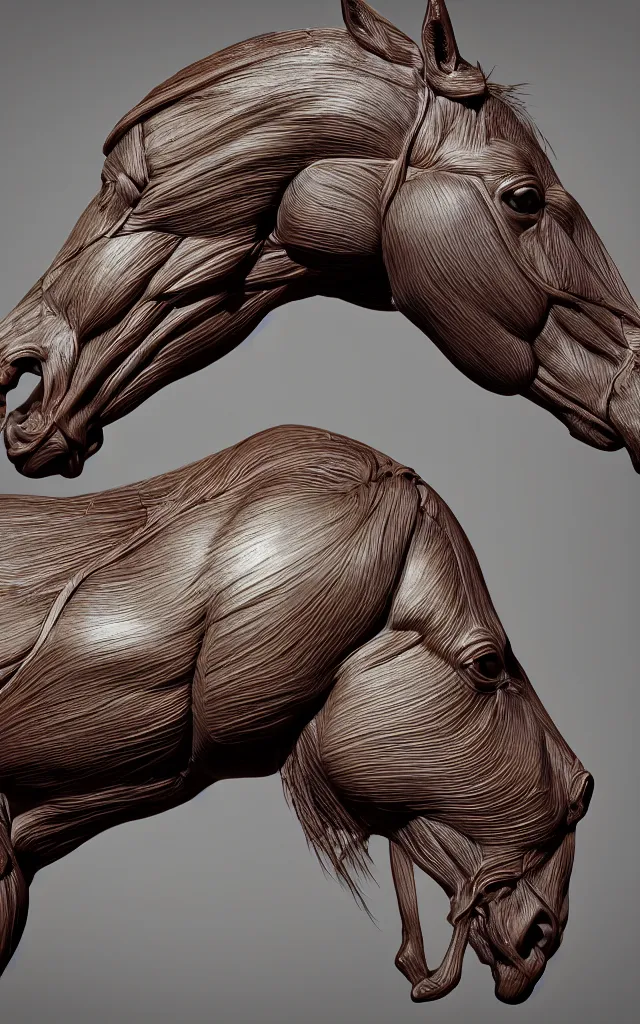 Image similar to intricated scientific medical 3d animation of the muscles and veins of a centaur horse plastic rim light detailed in mud 3d octane render