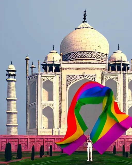 Image similar to gay pride!!!! at taj mahal. high quality photorealistic octane render 4 k, hyperrealism, volumetric fog, serious, cgstation, symmetric