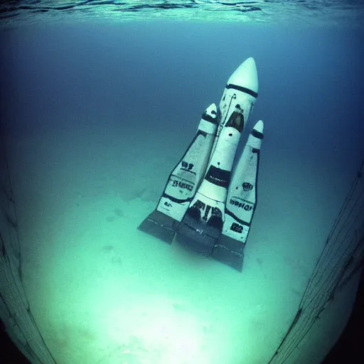 Prompt: the wreck of a Space Shuttle on the bottom of the sea, under water photography, spooky