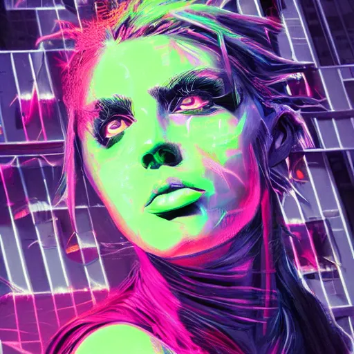 Image similar to splashes of neon, punk portrait made out of paint, trending on artstation, epic composition, emotional, beautiful, rendered in octane, highly detailed, realistic, comic book art