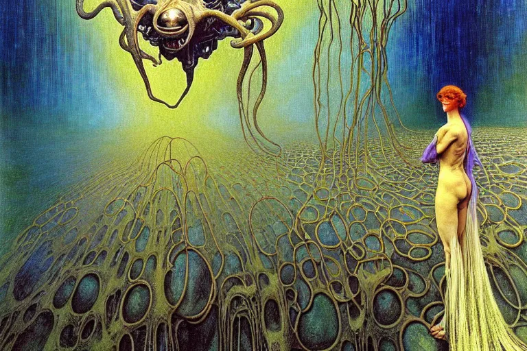 Image similar to realistic extremely detailed portrait painting of a bizarre creature sitting in the corner of an abandoned house, futuristic sci-fi landscape on background by Jean Delville, Amano, Yves Tanguy, Alphonse Mucha, Ernst Haeckel, Edward Robert Hughes, Roger Dean, rich moody colours, blue eyes