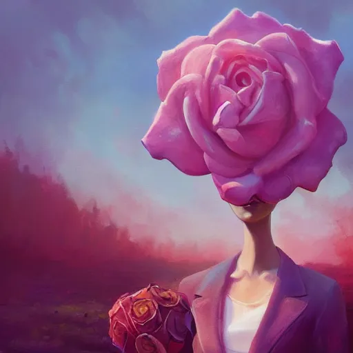 Image similar to closeup, giant rose flower face, frontal, girl in a suit, surreal photography, sunrise, dramatic light, impressionist painting, digital painting, artstation, simon stalenhag