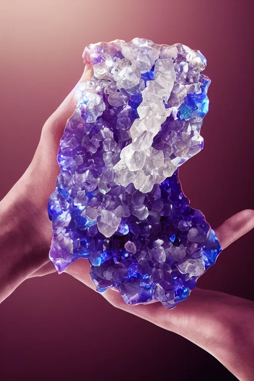 Image similar to very beautiful crystal and geode, shaped like a hand, refraction, cinematic color grading, hyperrealism, elegant, detailed, octane render, 8 k