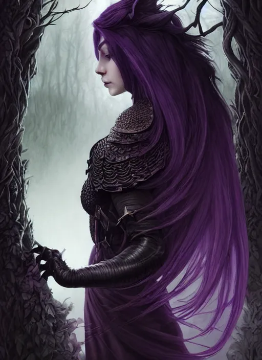 Prompt: award winning book cover, side portrait dark witch, adventurer outfit large cloak, fantasy forest landscape, dragon scales, fantasy magic, undercut hairstyle, short purple black fade hair, dark light night, intricate, elegant, sharp focus, illustration, highly detailed, digital painting, concept art, matte, art by WLOP and Artgerm and Greg Rutkowski and Alphonse Mucha, masterpiece