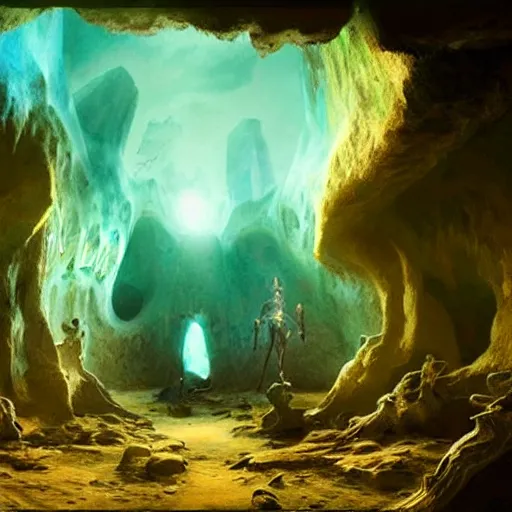 Image similar to beautiful matte painting of the inside of a cave with glowing crystals on the walls and bones on the floor, fantasy, sharp focus